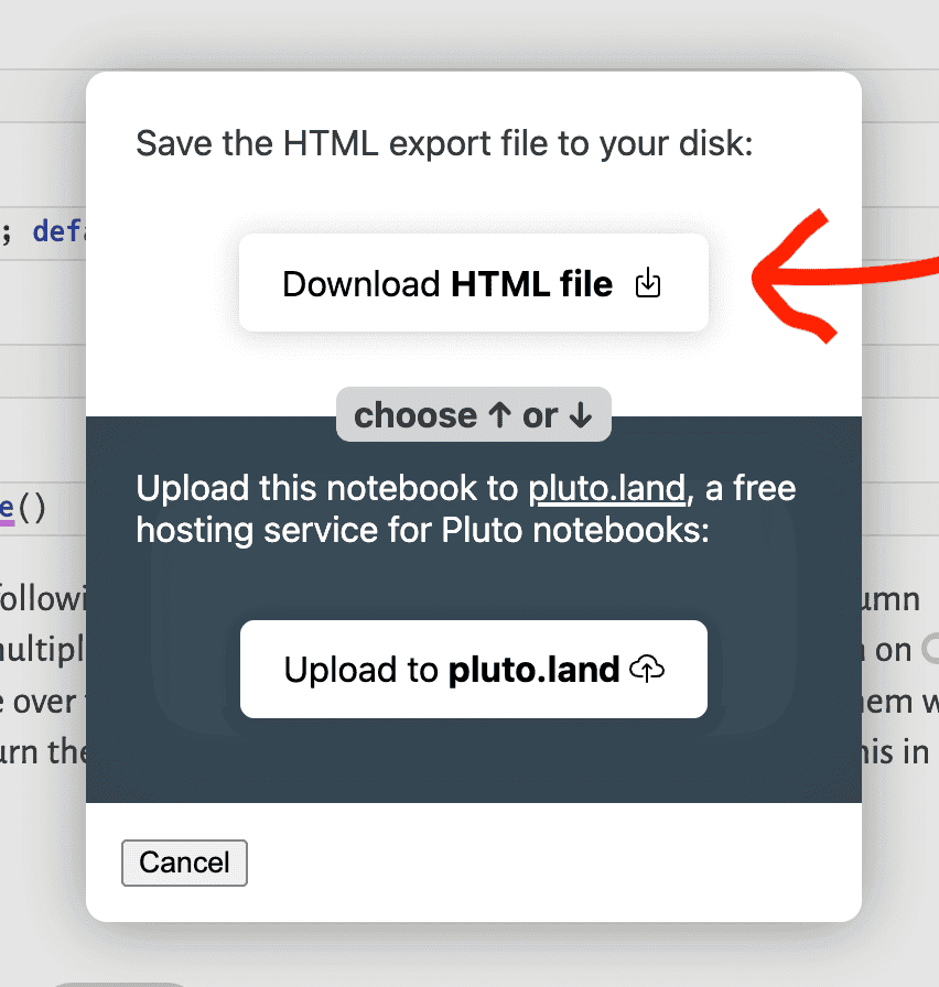 Screenshot of the export options